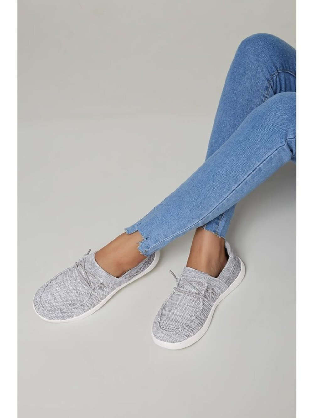 Women's Grey Knit Comfortable Lightweight Lace Up Loafers Fashion Sneakers - Picture 2 of 7
